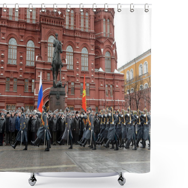 Personality  Solemn March Of The Honor Guard After Laying Flowers To The Monument To Marshal Georgy Zhukov In Moscow Shower Curtains