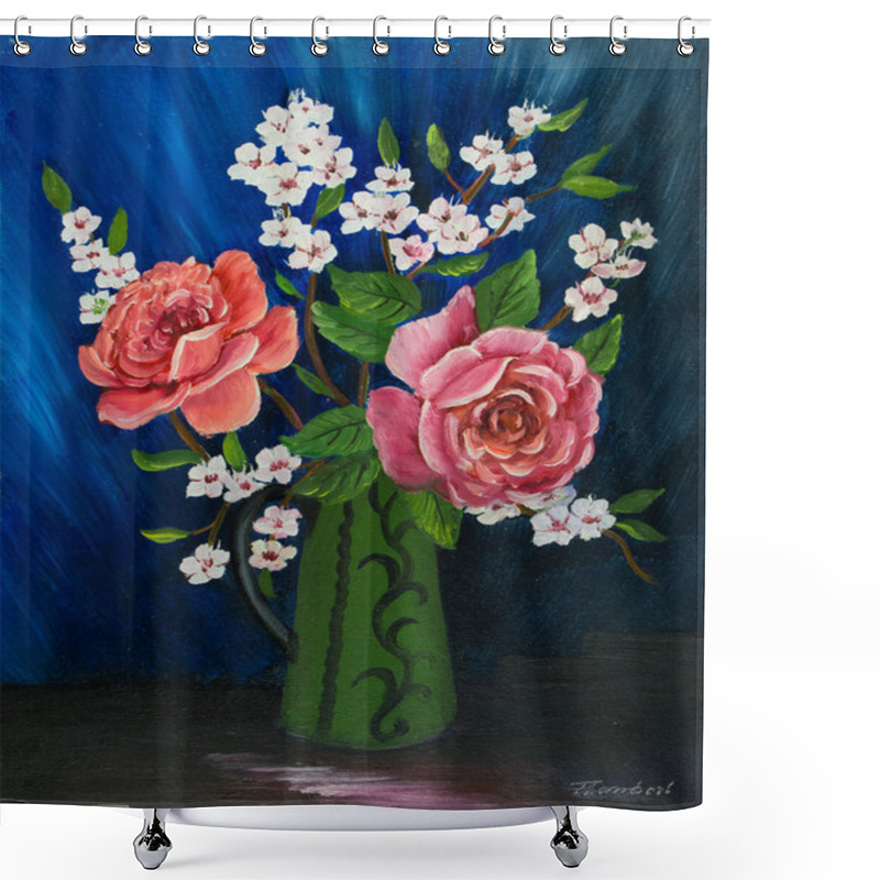 Personality  Oil Painting Of Various Flowers In A Green Painted Vase With Handle Shower Curtains