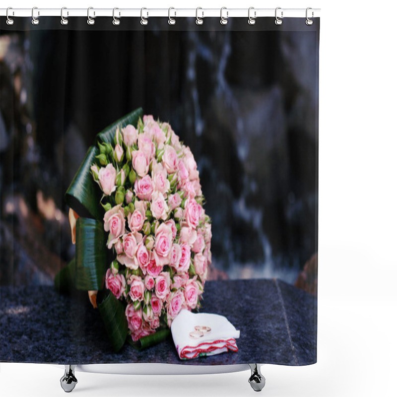 Personality  Wedding Bouquet Of Pink Roses With Rings Shower Curtains