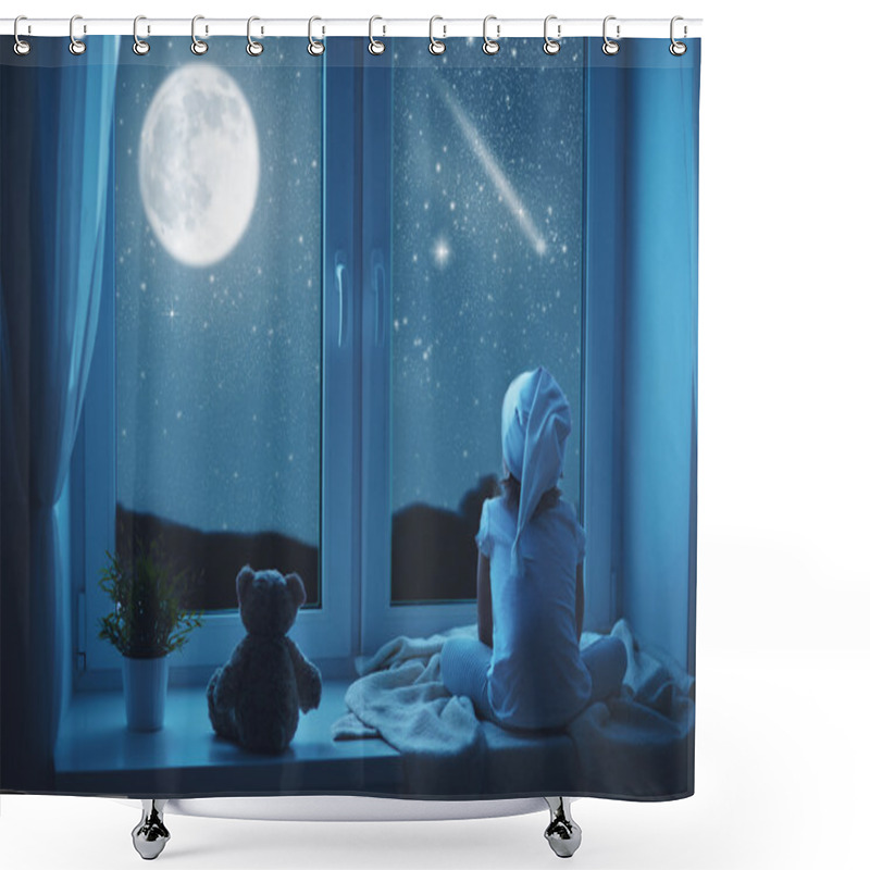 Personality  Child Little Girl At Window Dreaming And Admiring Starry Sky At  Shower Curtains