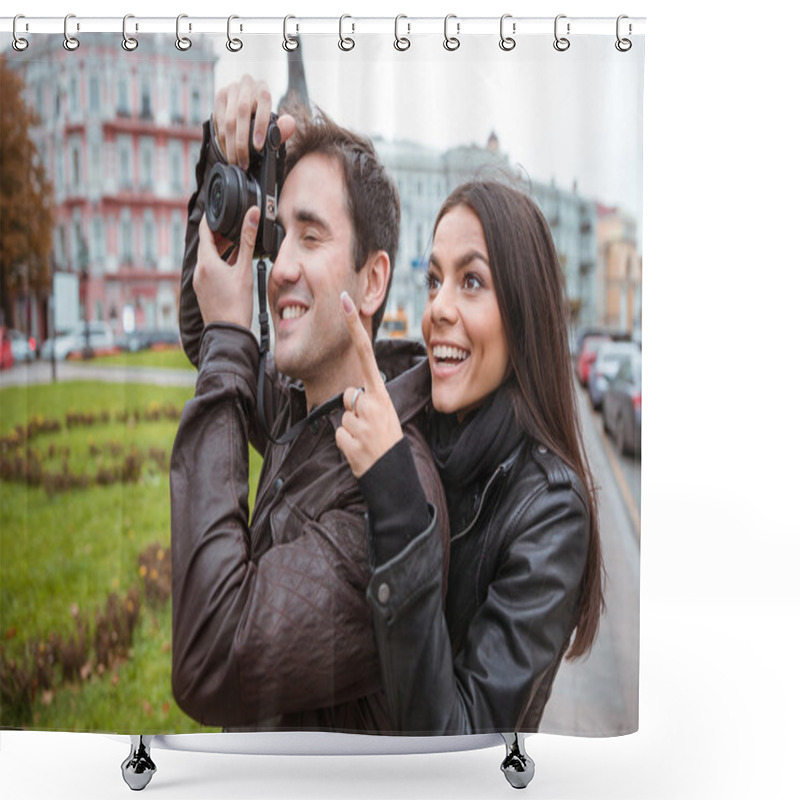 Personality  Couple Traveling And Making Photo On Camera Shower Curtains