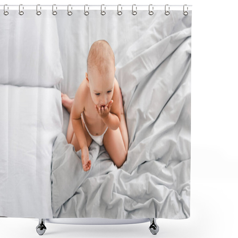 Personality  Top View Of Baby Sitting On White Sheets And Covering Mouth With Hand Shower Curtains