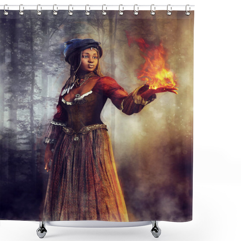 Personality  Young Voodoo Sorceress Standing In A Dark Forest At Night And Holding A Flame In Her Hand. 3D Render. Shower Curtains