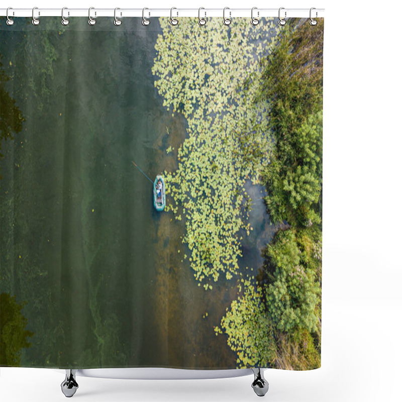 Personality  Aerial Drone View. Fishing Boat On Green Water Near The Shore. Algae Bloom In The River, Green Pattern On The Water. Shower Curtains