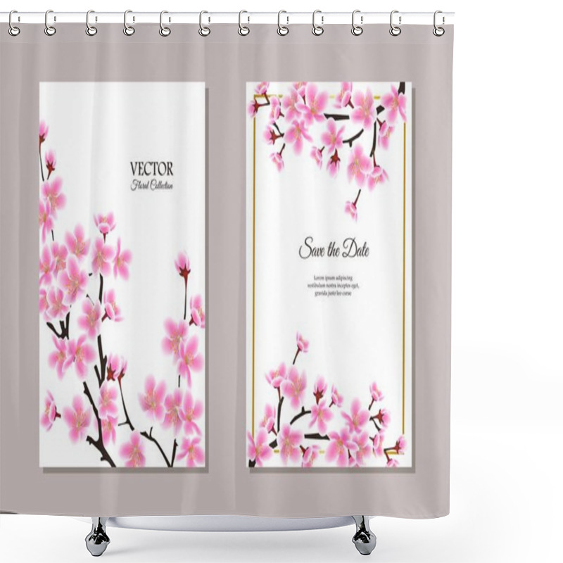 Personality  Save The Date Wedding Card Template With Cherry Blossom Vector Illustration. Shower Curtains