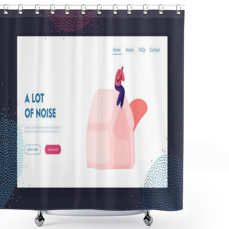 Personality  Male Character Suffering Of Noise Pollution Landing Page Template. Social Problem Of Much Hubbub On Street Shower Curtains