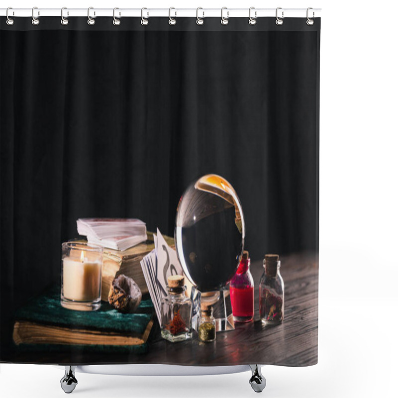 Personality  KYIV, UKRAINE - JANUARY 9, 2020: Crystal Ball With Occult And Mystical Objects On Wooden And Black Background Shower Curtains