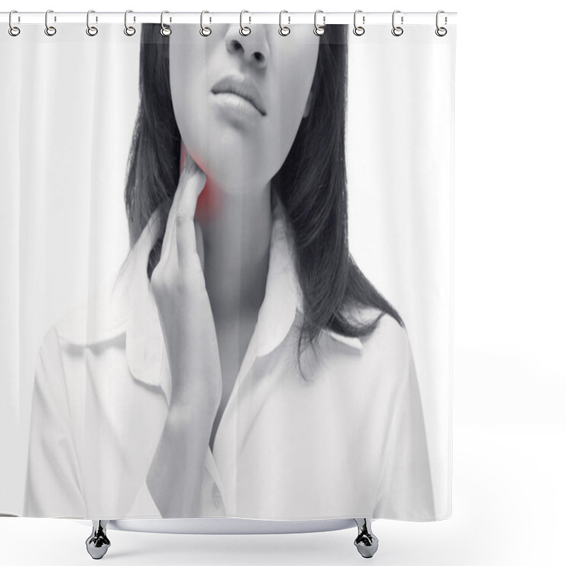 Personality  Sore Throat Of A Women. Touching The Neck Shower Curtains