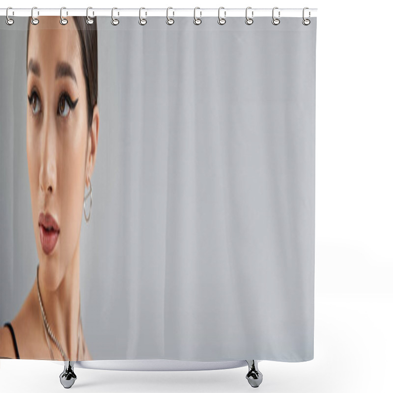 Personality  Portrait Of Young And Charming Asian Woman In Silver Necklaces And Earring, With Brunette Hair, Expressive Gaze And Bold Makeup Looking Away On Grey Background, Spring Fashion Photography, Banner Shower Curtains