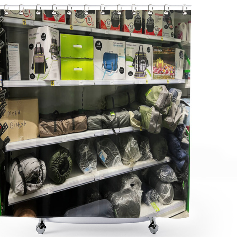 Personality  Kyiv, Ukraine - January 03, 2025: Image Showing A Store Shelf Stocked With Camping Gear, Including Sleeping Bags, Tents, And Picnic Sets. Items Are Organized Into Different Categories, Catering To Outdoor And Camping Enthusiasts.  Shower Curtains