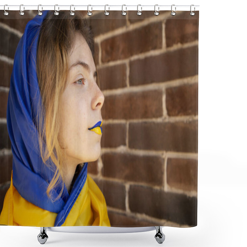 Personality  Female Face With Painted Yellow - Blue Lips In Profile . National Symbol Of Freedom And Independence. Stop The War. Hope And Faith, Nation Pride. Stand With Ukraine Shower Curtains