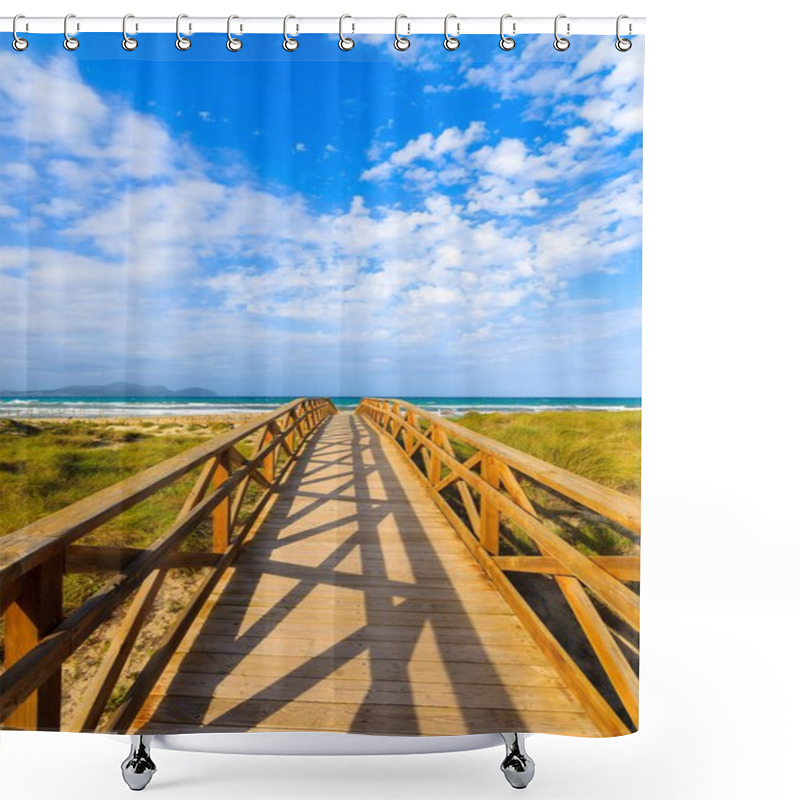 Personality  Wooden Footbridge Sand Beach Sea Clouds Blue Sky, Can Picafort, Majorca, Spain Shower Curtains