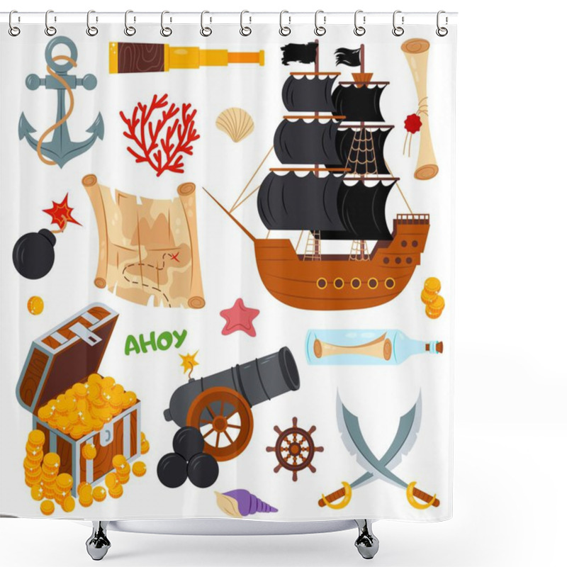 Personality  Pirate Set In Cartoon Flat Style. Vector Illustration With Pirate Clipart Elements. Pirate Elements Set. Pirates Theme Illustrations With Ship, Chest, Map, Cannonball And Other. Shower Curtains