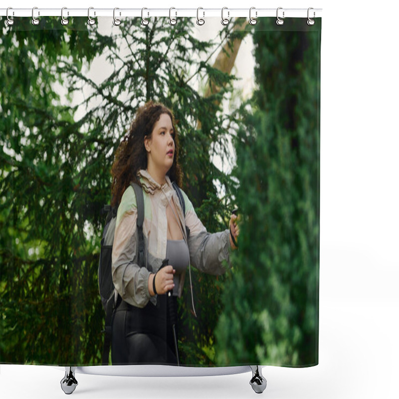 Personality  A Plus Size Woman Walks Through Vibrant Foliage Enjoying Her Time Outdoors. Shower Curtains