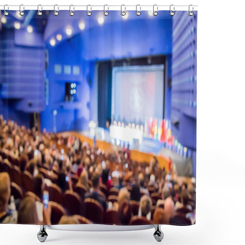 Personality  Defocused Image. People In The Auditorium. International Conference. Flags Of Different Countries On Stage. Shower Curtains