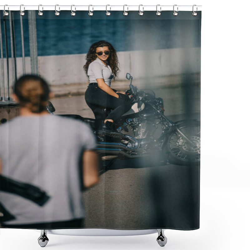 Personality  Selective Focus Of Man Going To Girl With Classic Motorcycle  Shower Curtains