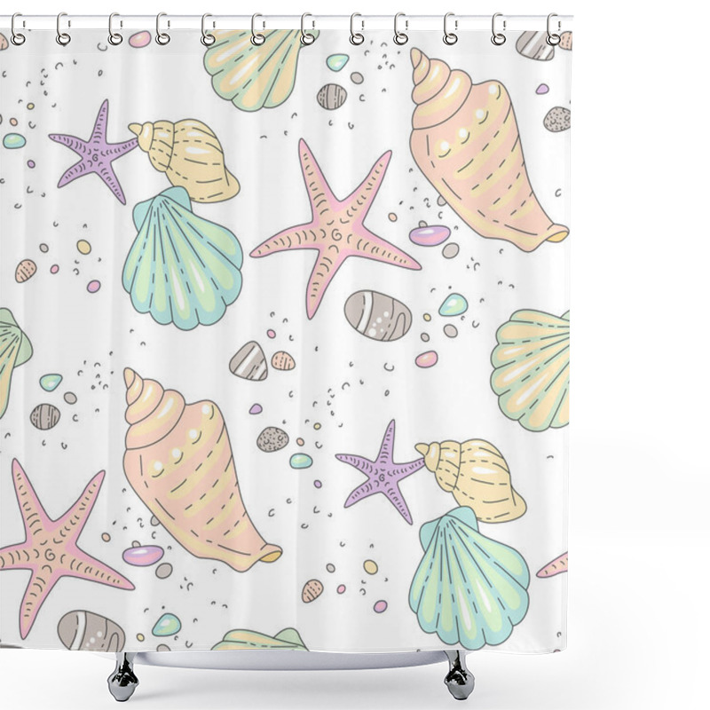 Personality  Multicolor Seashells, Starfishes And Pebble On Sand Beach. Illustration Of Cartoon Style  On White Background. Seamless Pattern For Textile And Desig Shower Curtains