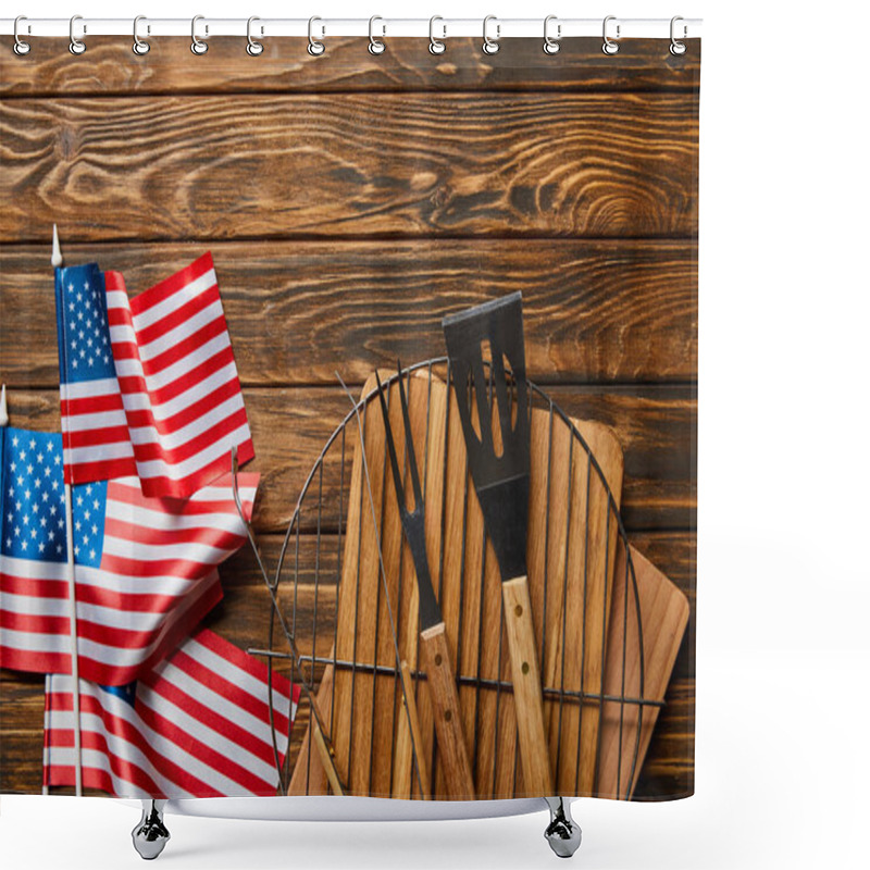 Personality  Top View Of American Flags Near Bbq Equipment On Wooden Rustic Table Shower Curtains