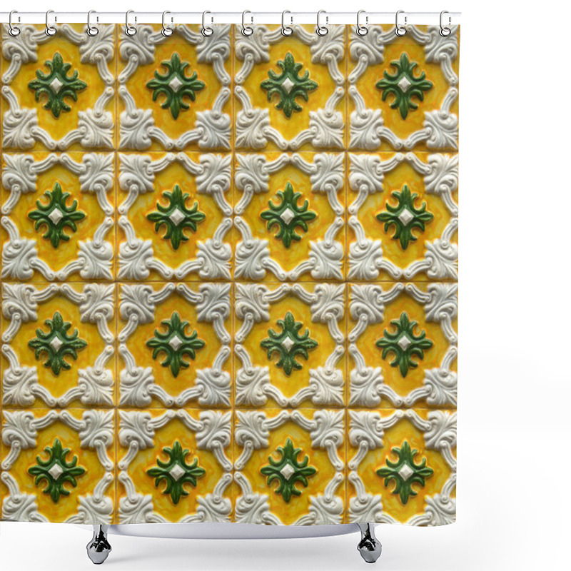 Personality  Photograph Of Traditional Portuguese Tiles With Relief In Yellow, Green And White Shower Curtains