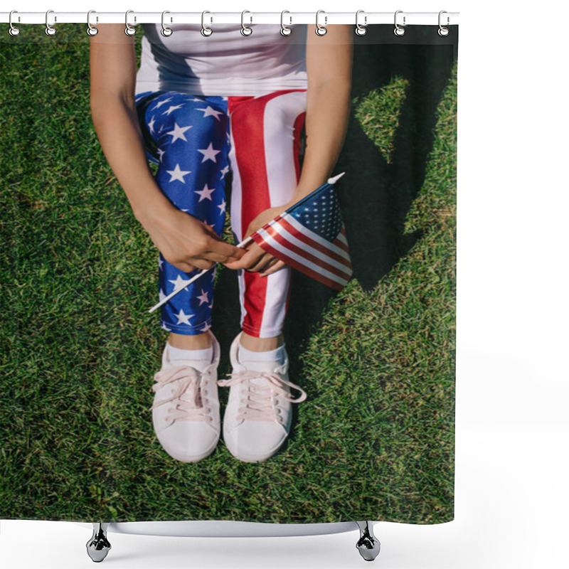 Personality  Partial View Of Woman With Flagpole In Leggins With American Flag Pattern Resting On Green Lawn, Americas Independence Day Holiday Concept Shower Curtains