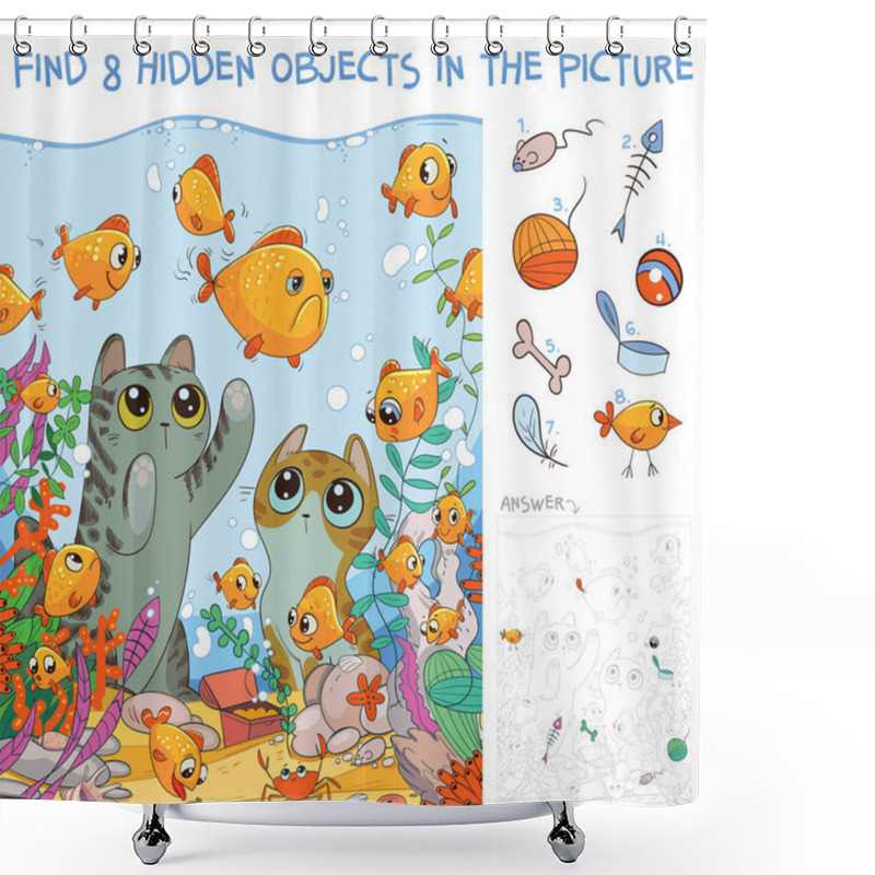 Personality  Find 8 Hidden Objects In The Picture. Cats Looking At Fish In An Aquarium. Puzzle Hidden Items. Funny Cartoon Character Shower Curtains