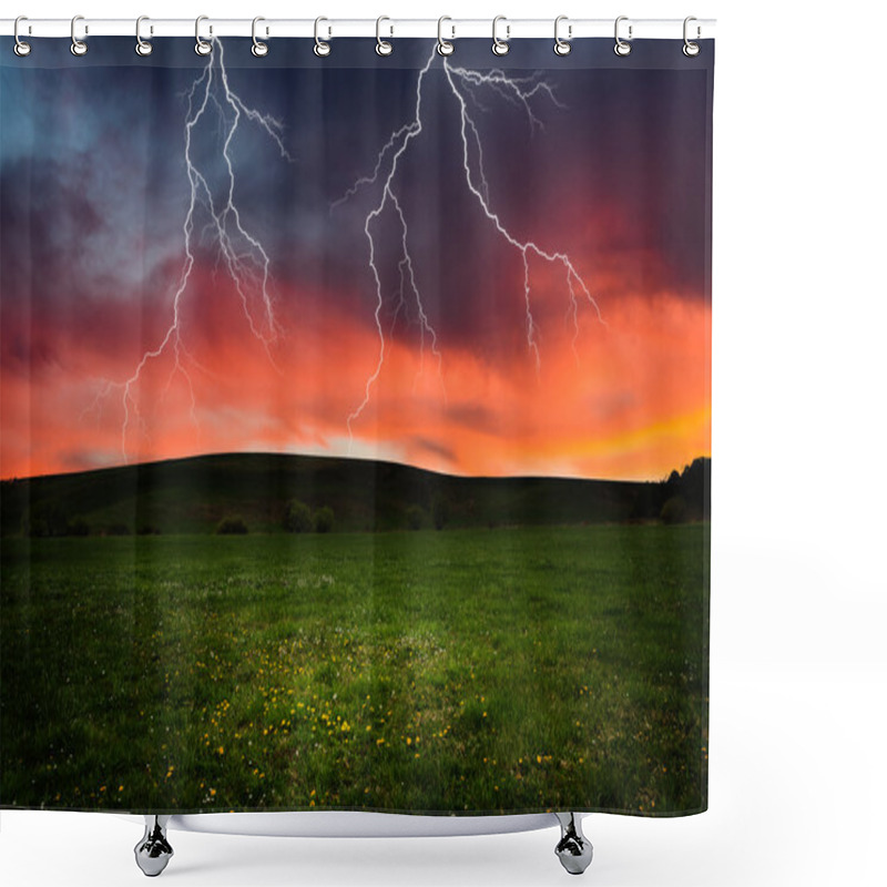 Personality  Thunderstorm With Lightning In Green Meadow Shower Curtains