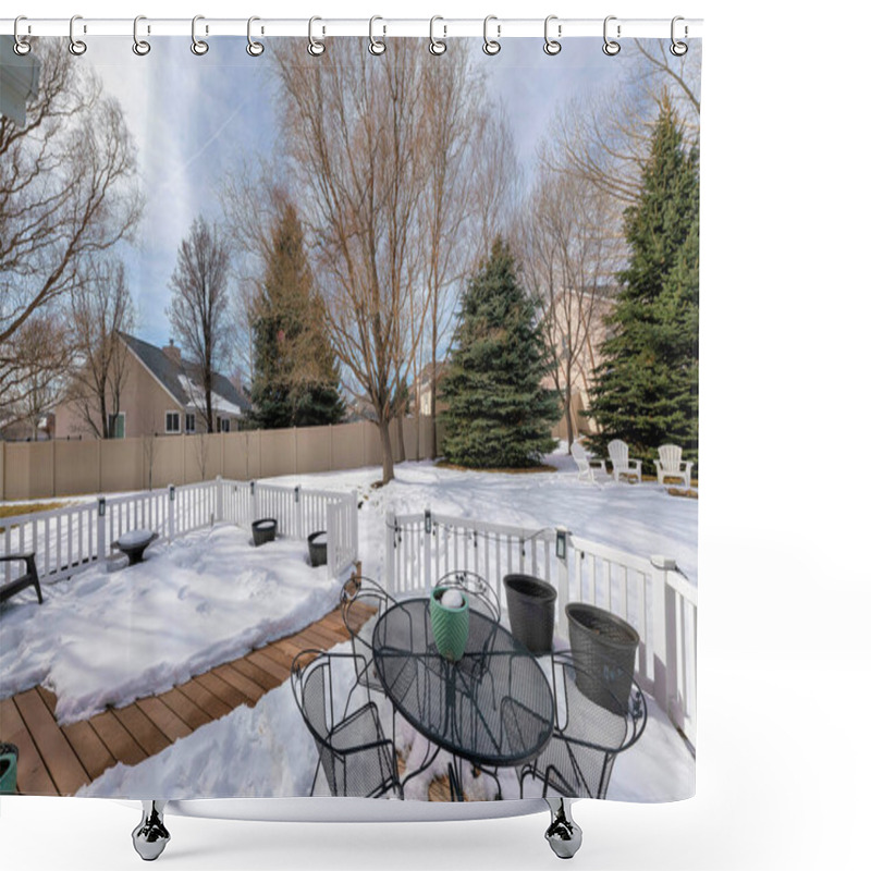 Personality  Outdoor Patio On A Deck Of A House With Metal Chairs And Table Shower Curtains