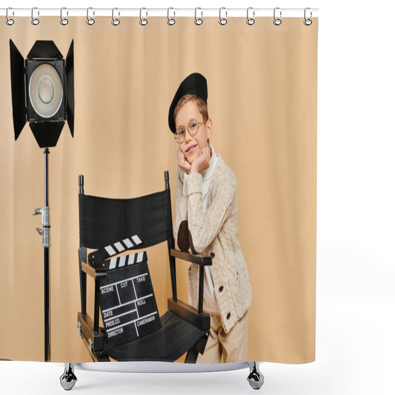 Personality  Preadolescent Boy Dressed As A Film Director Stands Next To A Camera. Shower Curtains