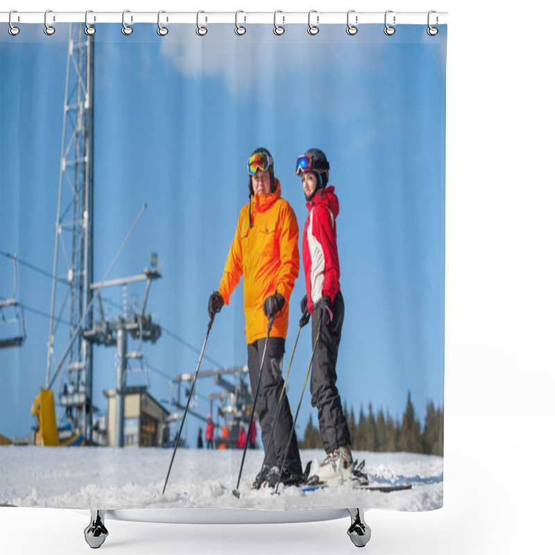 Personality  Man And Woman Skiers With Skis At Winter Resort Shower Curtains