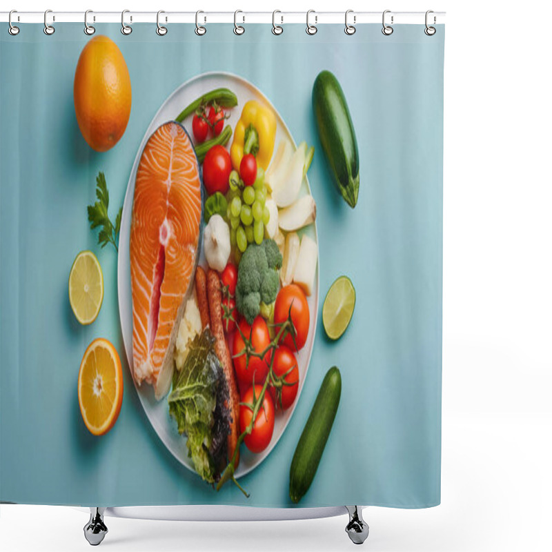 Personality  A Plate Of Fresh Vegetables And Salmon, Showcasing A Healthy And Balanced Diet With Vibrant, Colorful Ingredients On A Blue Background. Shower Curtains