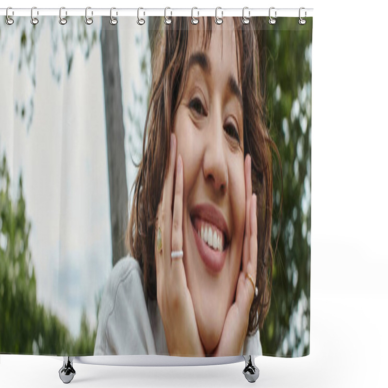 Personality  A Young Woman In A White Shirt Smiles Cheerfully While Resting During A Sunny Summer Picnic. Shower Curtains