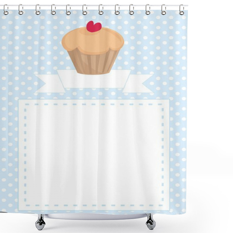 Personality  Restaurant Vector Menu Template, Wedding Card, List Or Baby Shower Invitation With Sweet Cupcake With Red Heart, On Blue Pattern White Polka Dots Background Shower Curtains