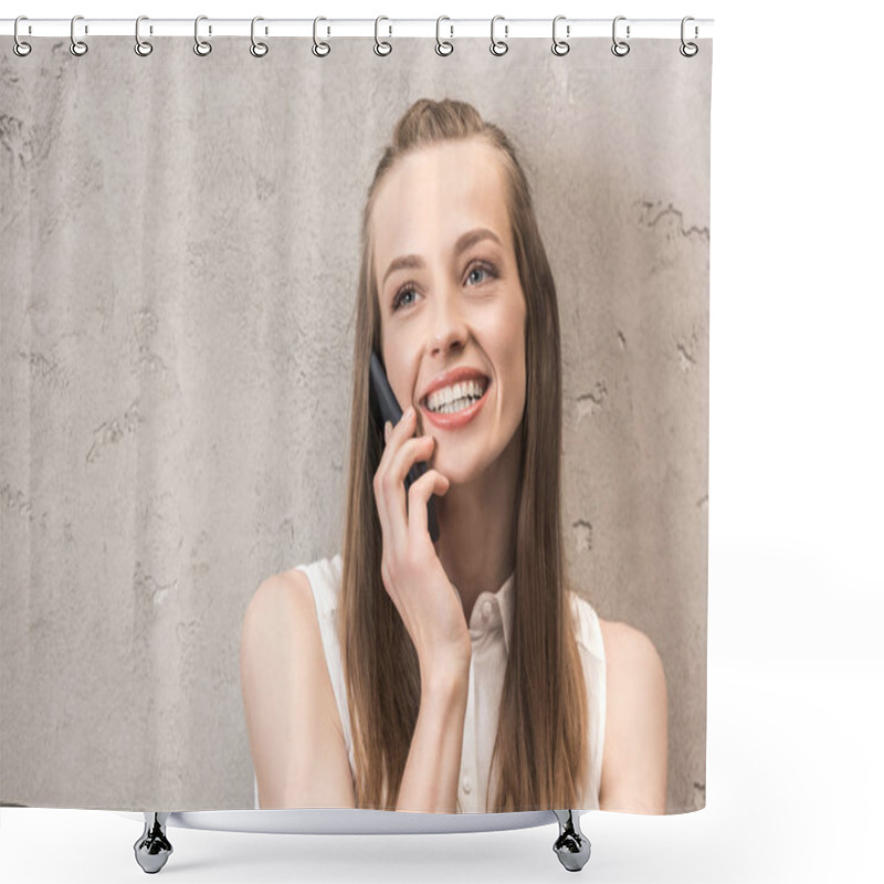 Personality  Young Woman Using Smartphone  Shower Curtains