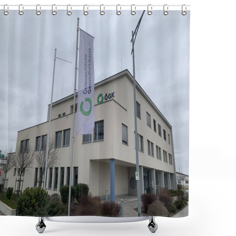 Personality  Ganserndorf, Lower Austria - January 12, 2025: Branch Office Building Of Austria's National Healthcare System Oesterreichische Gesundheitskasse. Shower Curtains