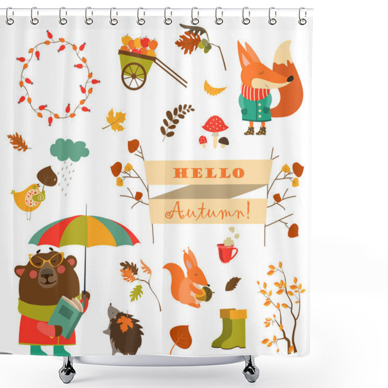 Personality  Set Of Cartoon Characters And Autumn Elements Shower Curtains