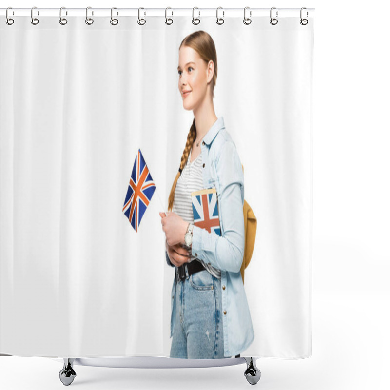 Personality  Smiling Pretty Student With Backpack Holding Book And British Flag Isolated On White Shower Curtains