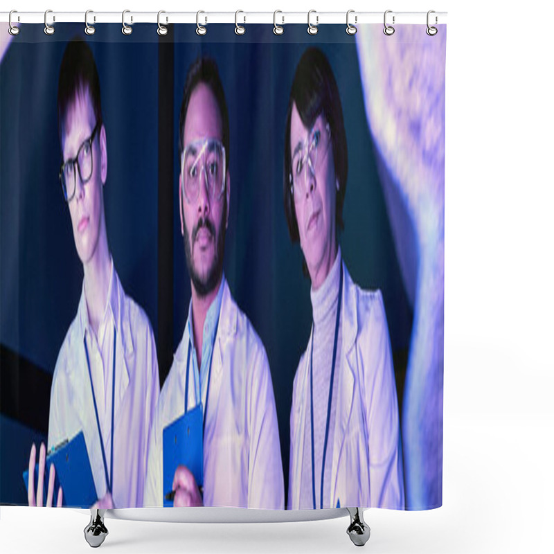 Personality  Banner, Three Scientists Examine Newly Created Device In Neon-Lit Science Center Shower Curtains