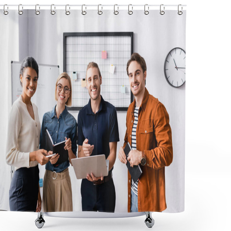 Personality  Happy Businessman Pointing At Laptop Near Happy Multicultural Colleagues Shower Curtains