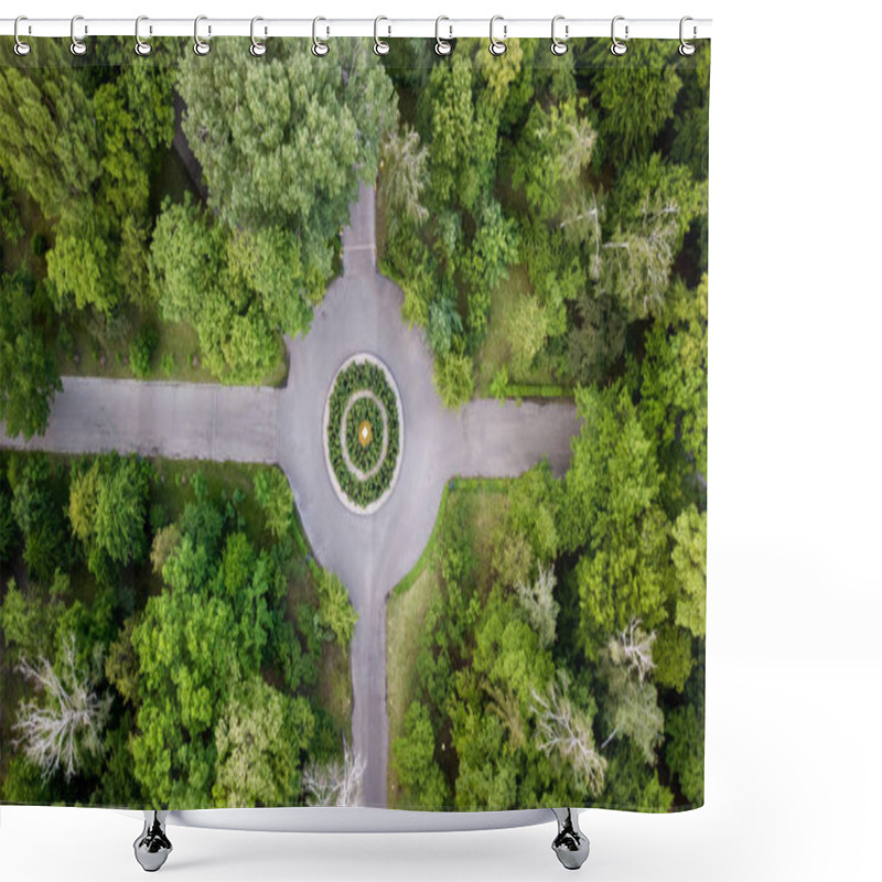 Personality  Aerial View Of Green Flower Bed In The Form Of A Maze. Drone Shot. Natural Summer Spring Background Shower Curtains