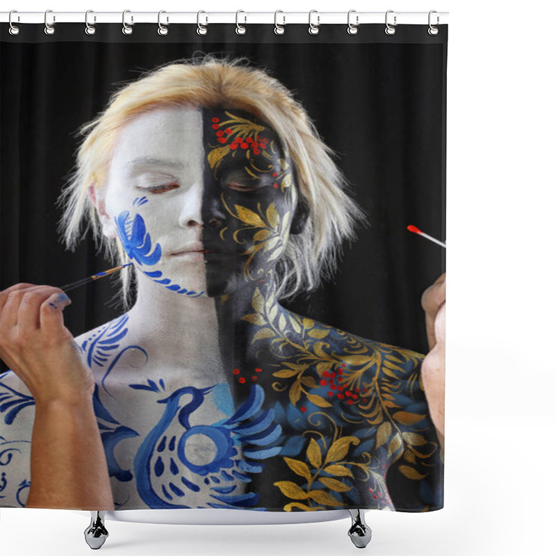 Personality  Painting Of The Body With A Brush In The Style Of Gzhel And Khokhloma Shower Curtains