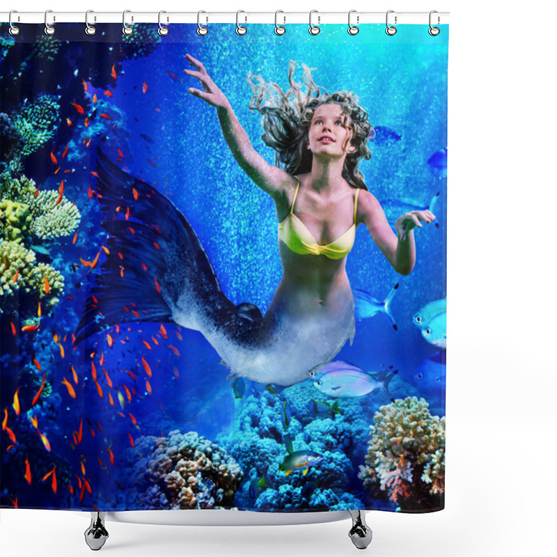 Personality  Mermaid Dive Underwater Through Coral . Shower Curtains