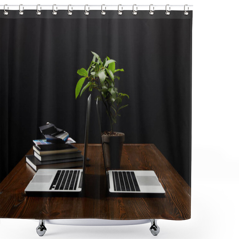 Personality  Close Up View Of Designer Workplace With Laptops, Notebooks And Pallet On Wooden Tabletop On Black Wall Backdrop Shower Curtains