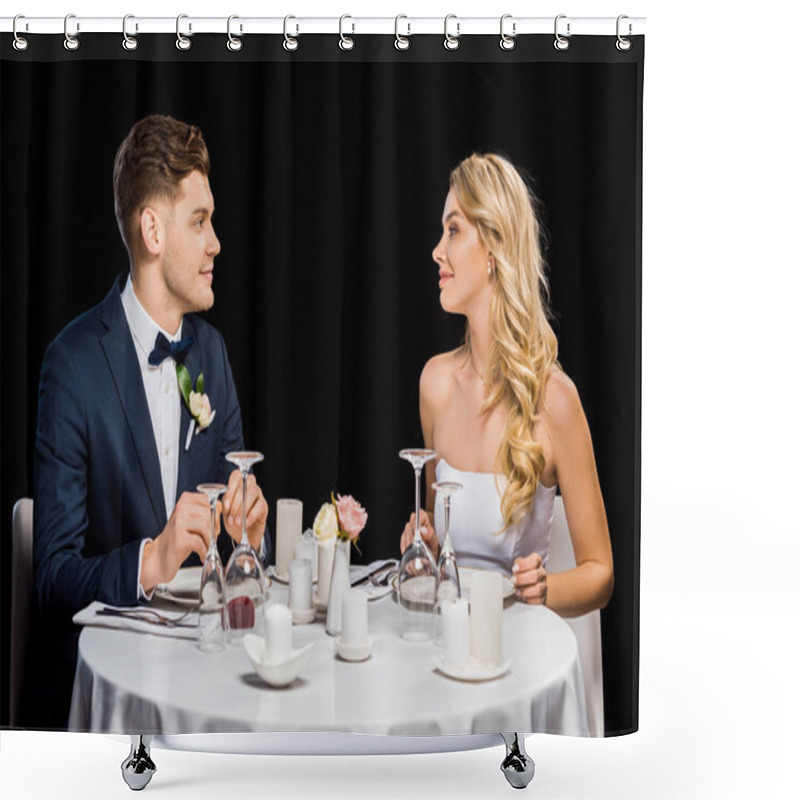 Personality  Handsome Groom And Beautiful Bride Sitting At Served Table Isolated On Black Shower Curtains