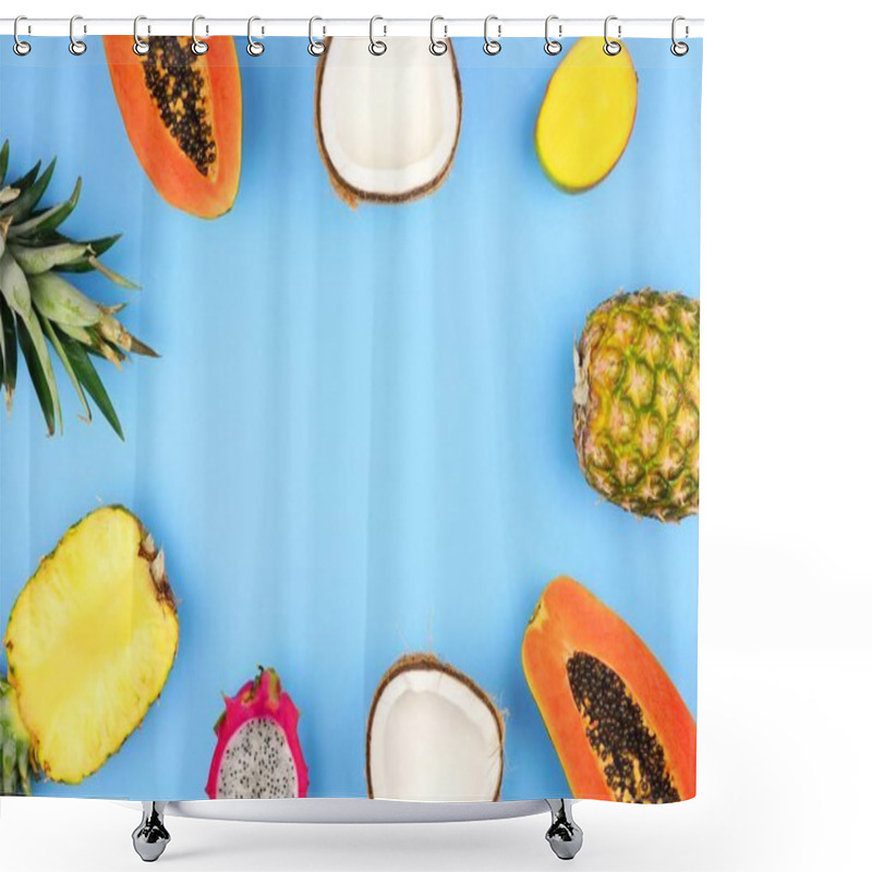 Personality  Tropical Fruit Frame With Pineapple, Dragon Fruit, Papaya, Coconut And Mango On A Pastel Blue Background Shower Curtains