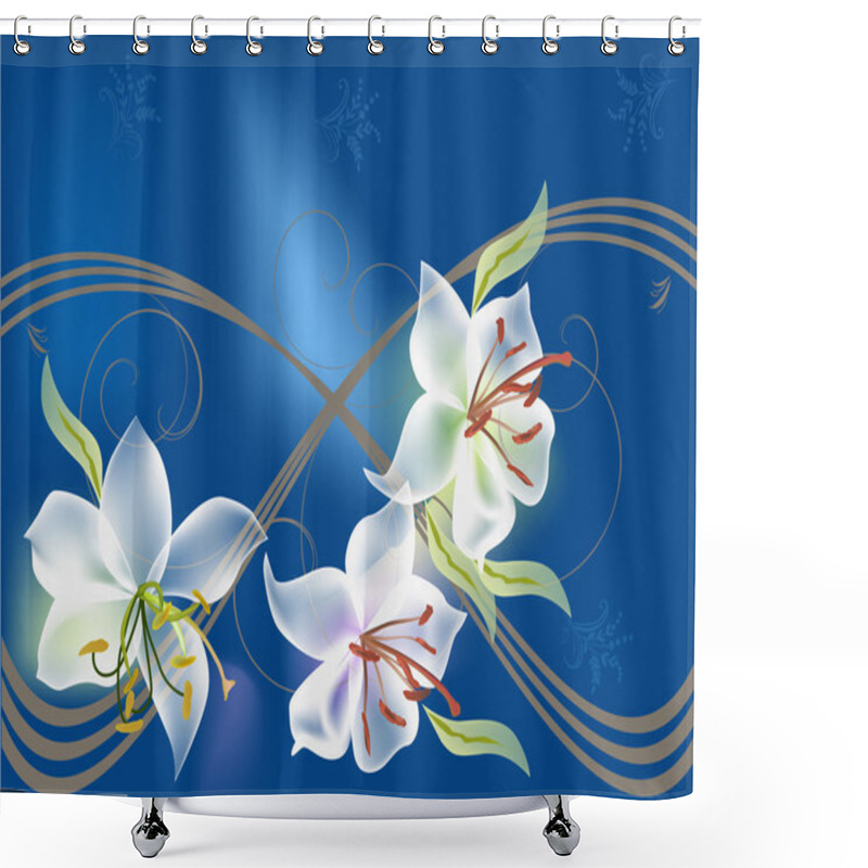 Personality  Three White Lily Flowers On Blue Shower Curtains