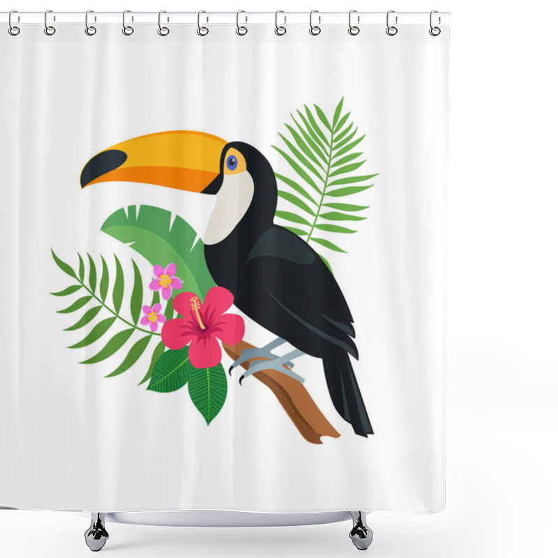 Personality  Cute Toucan Bird Sitting On A Tropical Branch With Exotic Leaves And Flowers Of Hibiscus And Plumeria. Bright Colorful Vector Illustration In Cartoon Style Shower Curtains