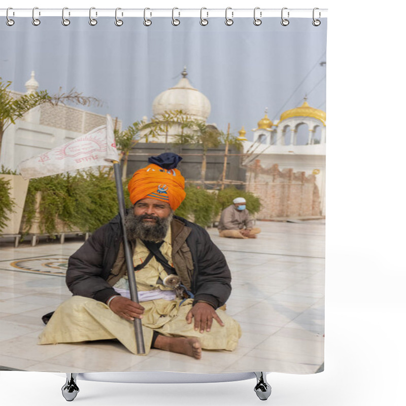 Personality  NEW DELHI, INDIA - JANUARY 2021 : Portrait Of Sikh Man Sitting Inside The Complex Of Gurdwara Bangla Sahib. Gurdwara Bangla Sahib Is Pilgrim For Sikh People. Shower Curtains