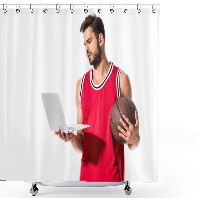 Personality  Athletic Basketball Player In Uniform With Ball Using Laptop Isolated On White  Shower Curtains