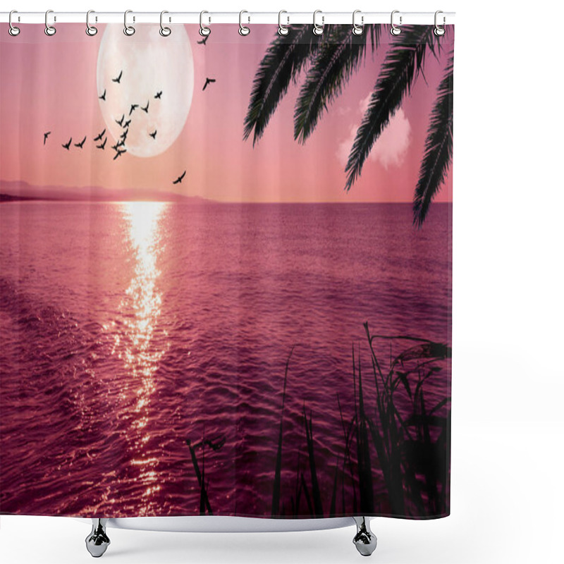 Personality  Fantasy Landscape With Super Moon And Flying Birds On The Coast At Sunset Shower Curtains