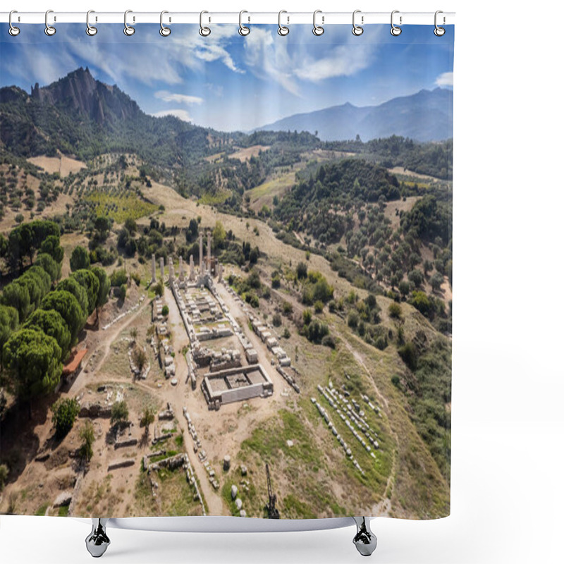 Personality  Aerial View With Drone; Sardes (Sardis) Ancient City Which Has Gymnasium And Synagogue Ruins And Columns In Manisa, Turkey. Shower Curtains